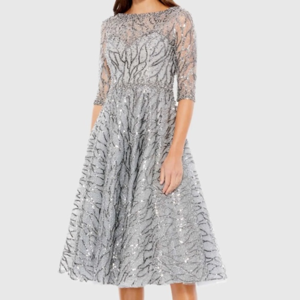 Mac‎ Duggal -  Silver High Neck Above Elbow Sleeve Embellished A Line Dress